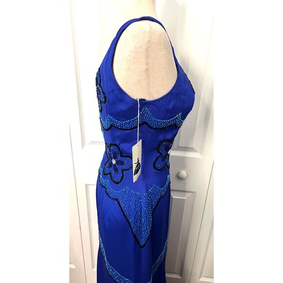 Vtg MIKE BENET FORMALS Sz 8 100% Silk Long Gown Dress Blue Floral Beaded Prom - Picture 9 of 14